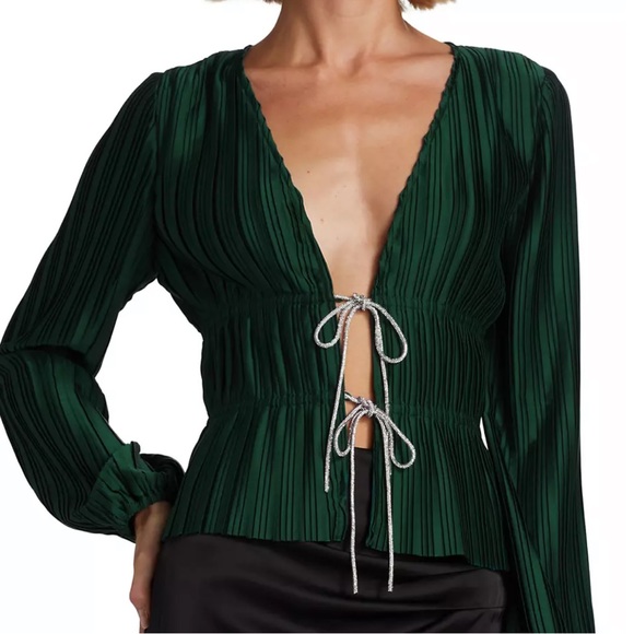 Wayf Payton Tie-Front Blouse. Emerald Green, Size SMALL. NWT - Picture 3 of 9